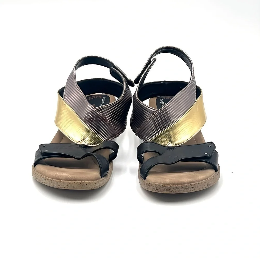Modzori Palmyra Low Wedge Travel REVERSIBLE Sandal Black, Gold & Silver Size 9